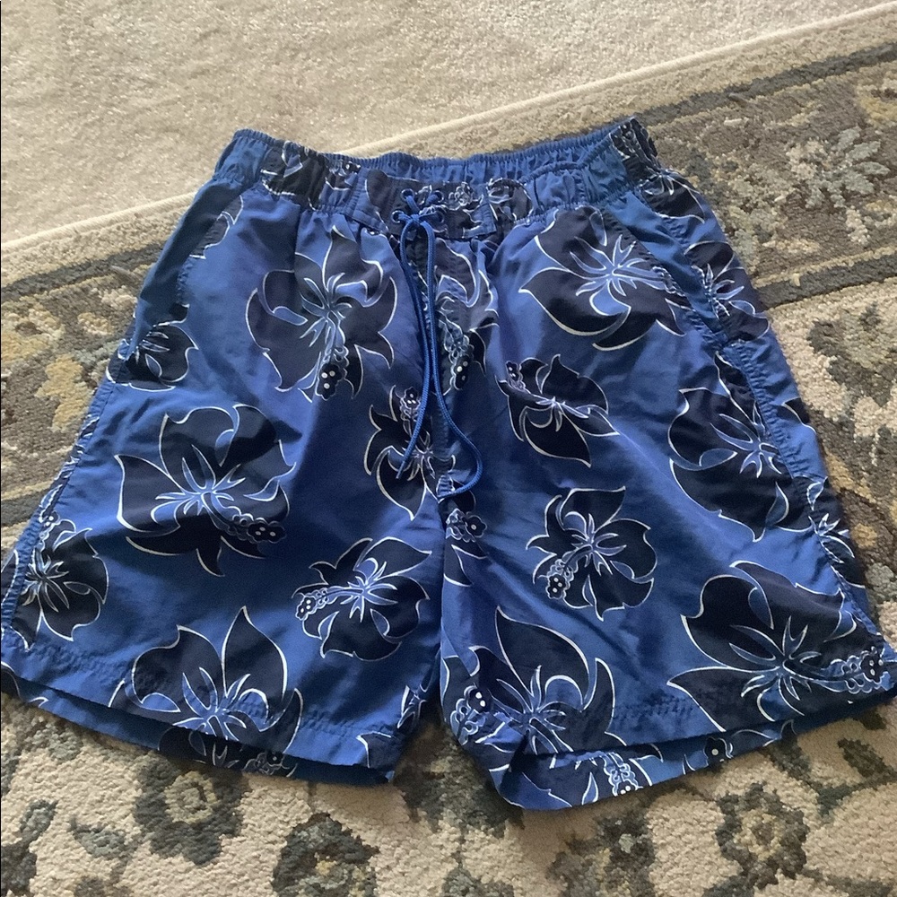 St Johns Bay swim trunks blue floral stretch waist size (L) 4 pockets pool boat